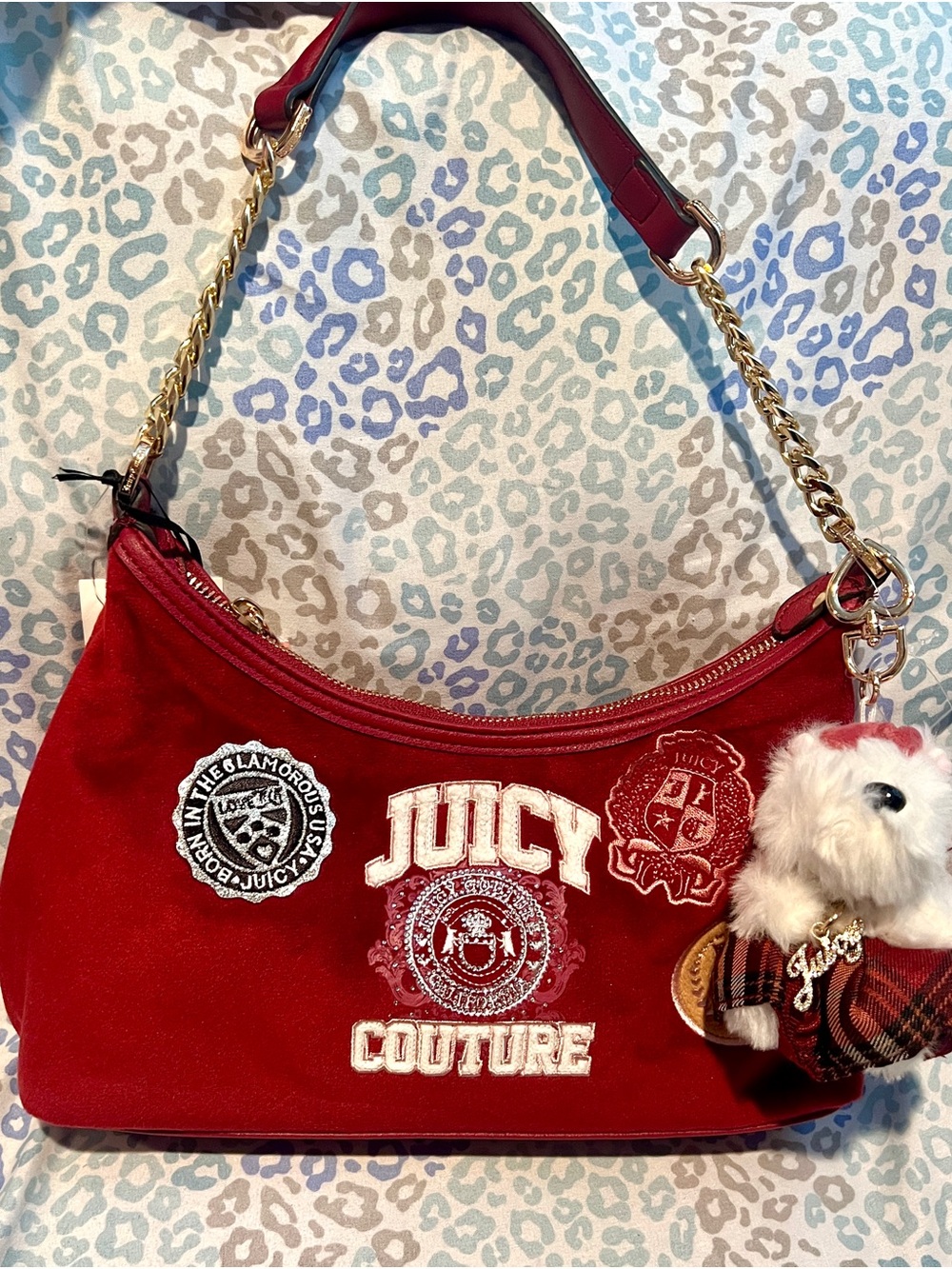 New Red Juicy Couture Purse Shoulder Bag Satchel Patch Scottie Dog Charm Handbag
